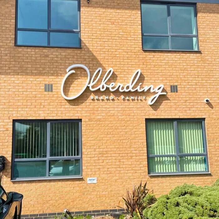 Olberding Brand Family built-up aluminium lettering building sign at Estuary Business Park in Hull.
